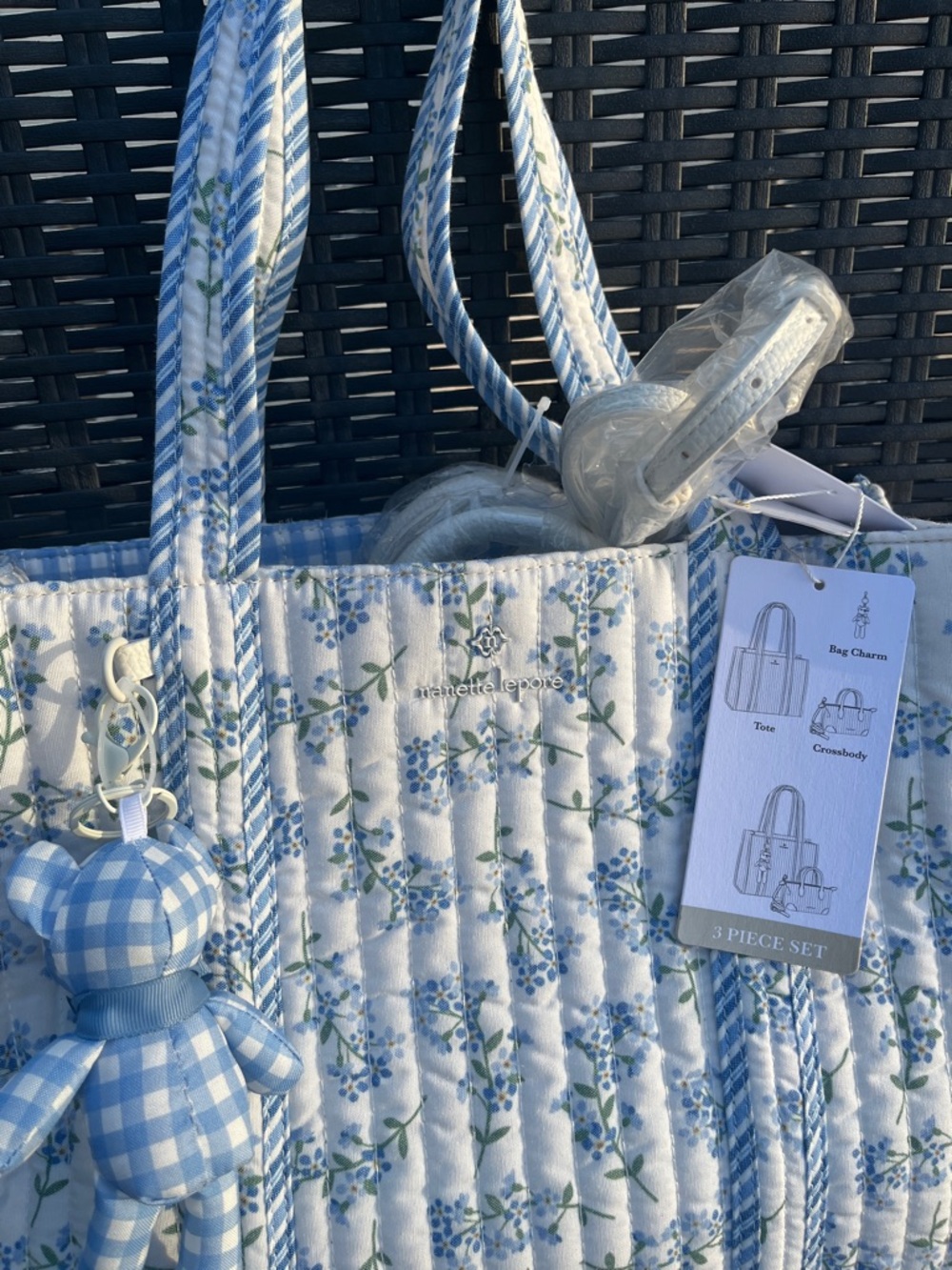 Nanette Lepore Light Blue Floral Quilted Tote with Gingham Bear Charm - Picture 2 of 9